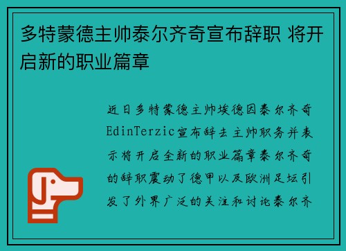 多特蒙德主帅泰尔齐奇宣布辞职 将开启新的职业篇章